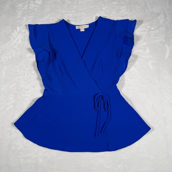 Monteau Tops - Monteau Los Angeles Shirt Top Women Size S Blue Short Sleeve V-Neck EUC